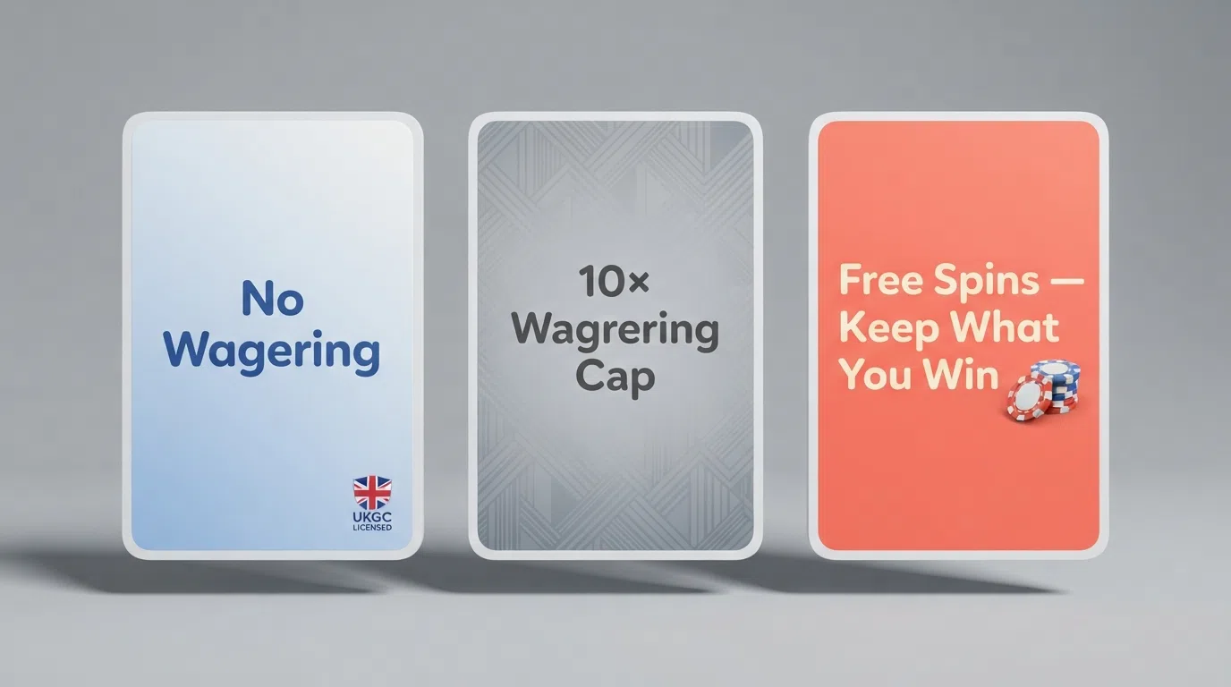 A side-by-side visual of three UK casino welcome-offer tiles showing “No Wagering,” “10× Wagering Cap” and “Free Spins — Keep What You Win,” with the UKGC logo visible on each