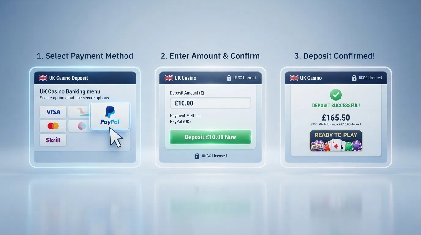 A three-step illustration of the ecoPayz deposit process at a UK casino: selecting Payz in the banking menu, entering a deposit amount, and a confirmed balance ready for play