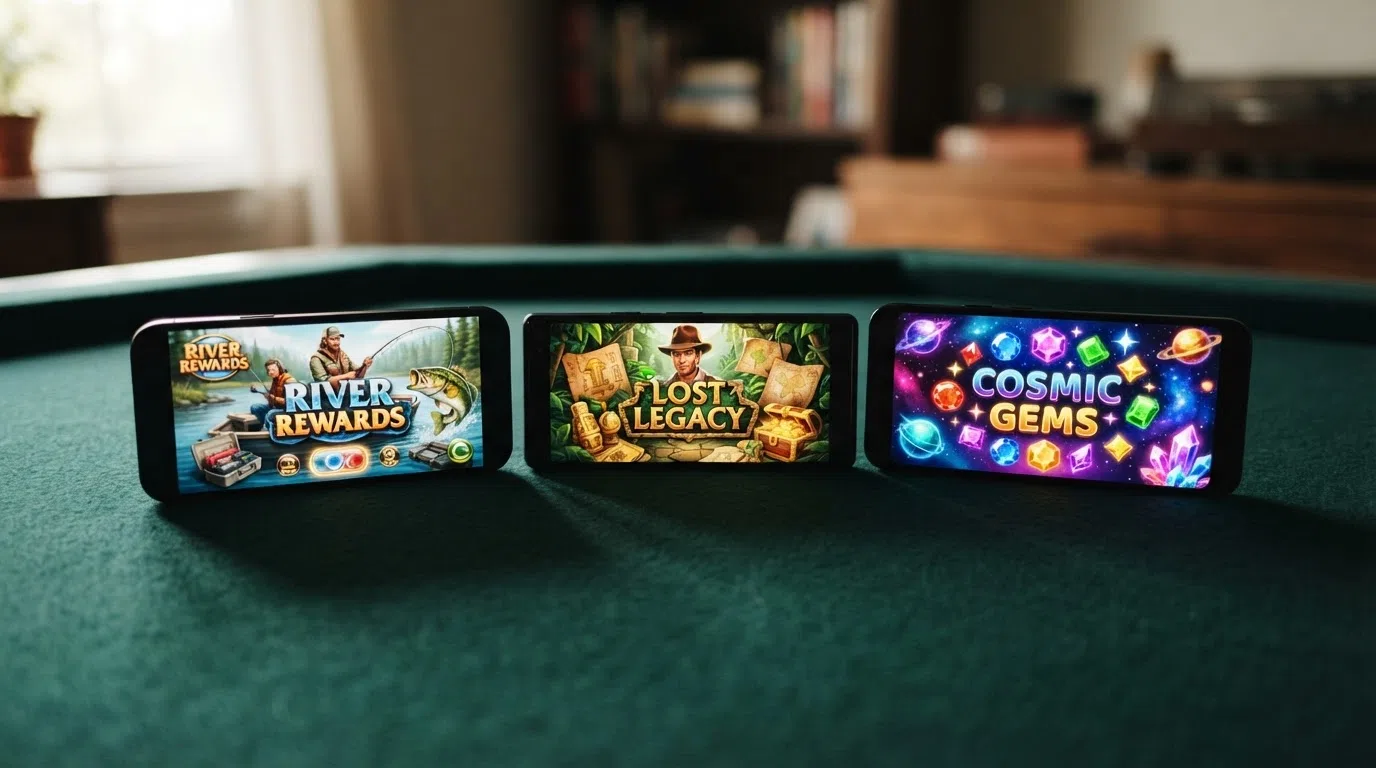Three slot-game title screens — Big Bass Bonanza, Book of Dead and Starburst — arranged side by side