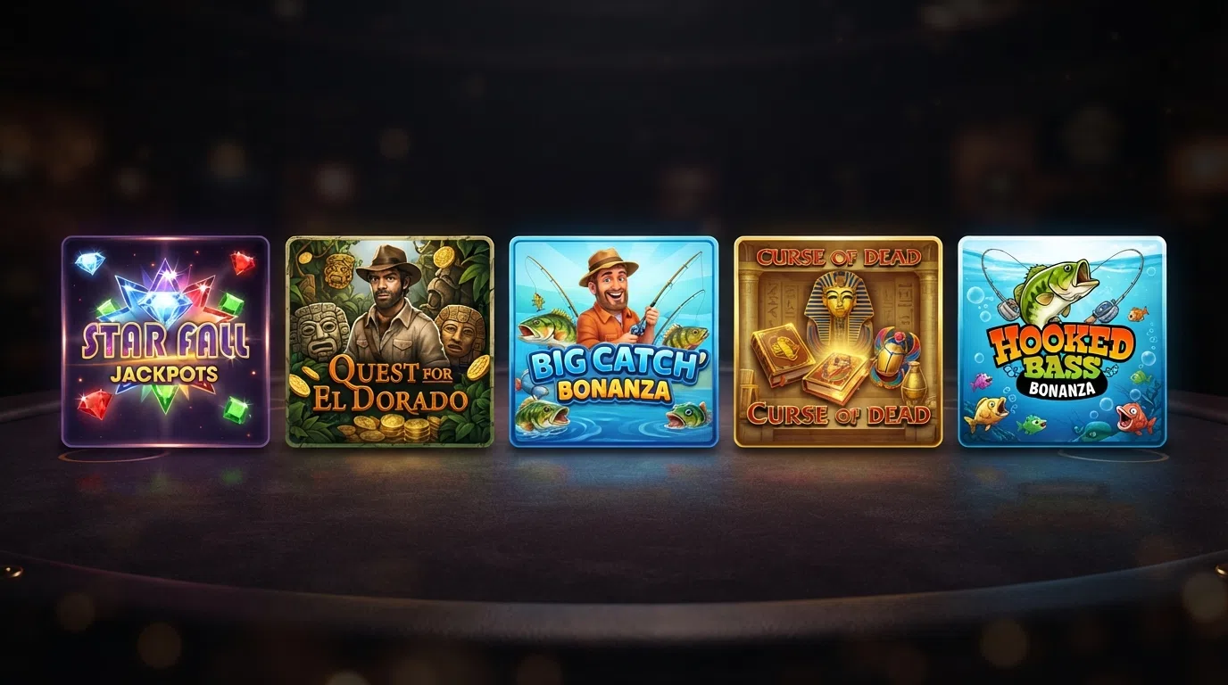 A grid of five slot-game title cards — Starburst, Book of Dead, Big Bass Bonanza, Eye of Horus and Fishin' Frenzy — arranged on a dark casino-style background