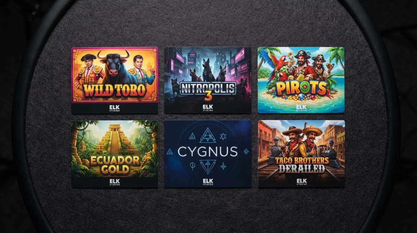 A grid of ELK Studios slot title cards including Wild Toro, Nitropolis, and Pirots, showing the visual range of the studio's output