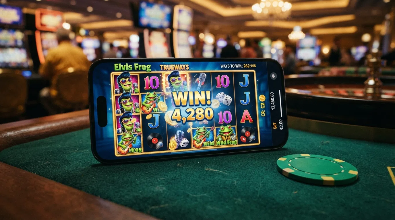 A gameplay screenshot of Elvis Frog TRUEWAYS showing its 6-reel grid with cascading symbols and the 262,144-ways win counter visible in the game interface