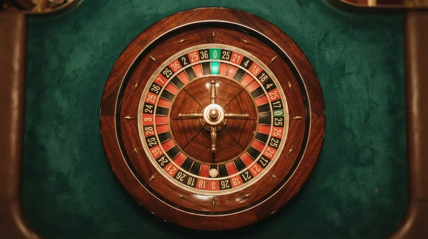 A European roulette wheel showing the single zero in green and the 36 numbered pockets in alternating red and black, photographed from above