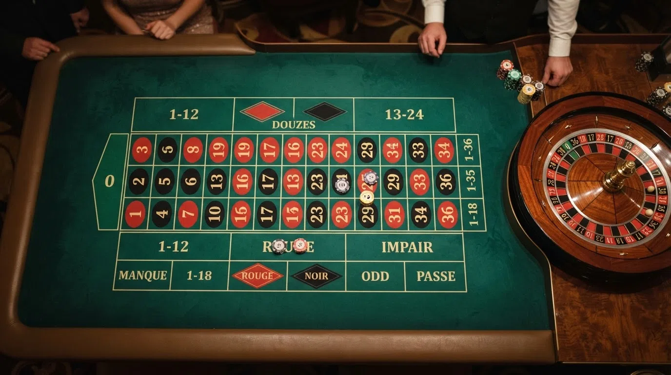 The full European roulette betting felt showing the numbered inside grid, the outside bet sections for red/black, odd/even, high/low, dozens and columns, with the single-zero wheel visible beside it