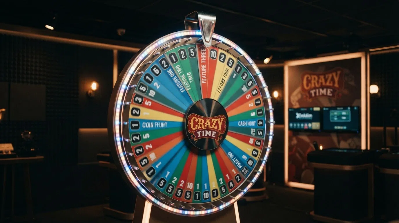 The Crazy Time money wheel in play, showing the four bonus-round segments and the multiplier flapper at the top