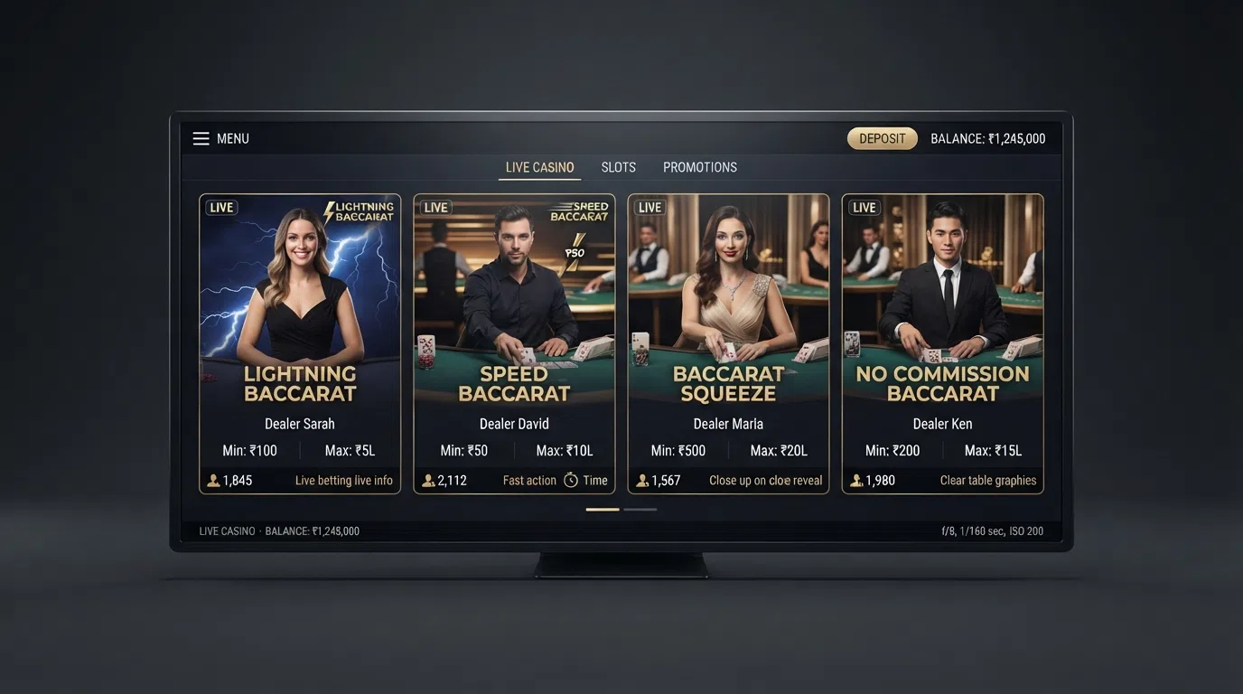 An online casino lobby screen showing thumbnail tiles for multiple live baccarat variants side by side — Lightning Baccarat, Speed Baccarat, Baccarat Squeeze and No Commission Baccarat — each with a live dealer visible in the preview frame and minimum and maximum stake labels