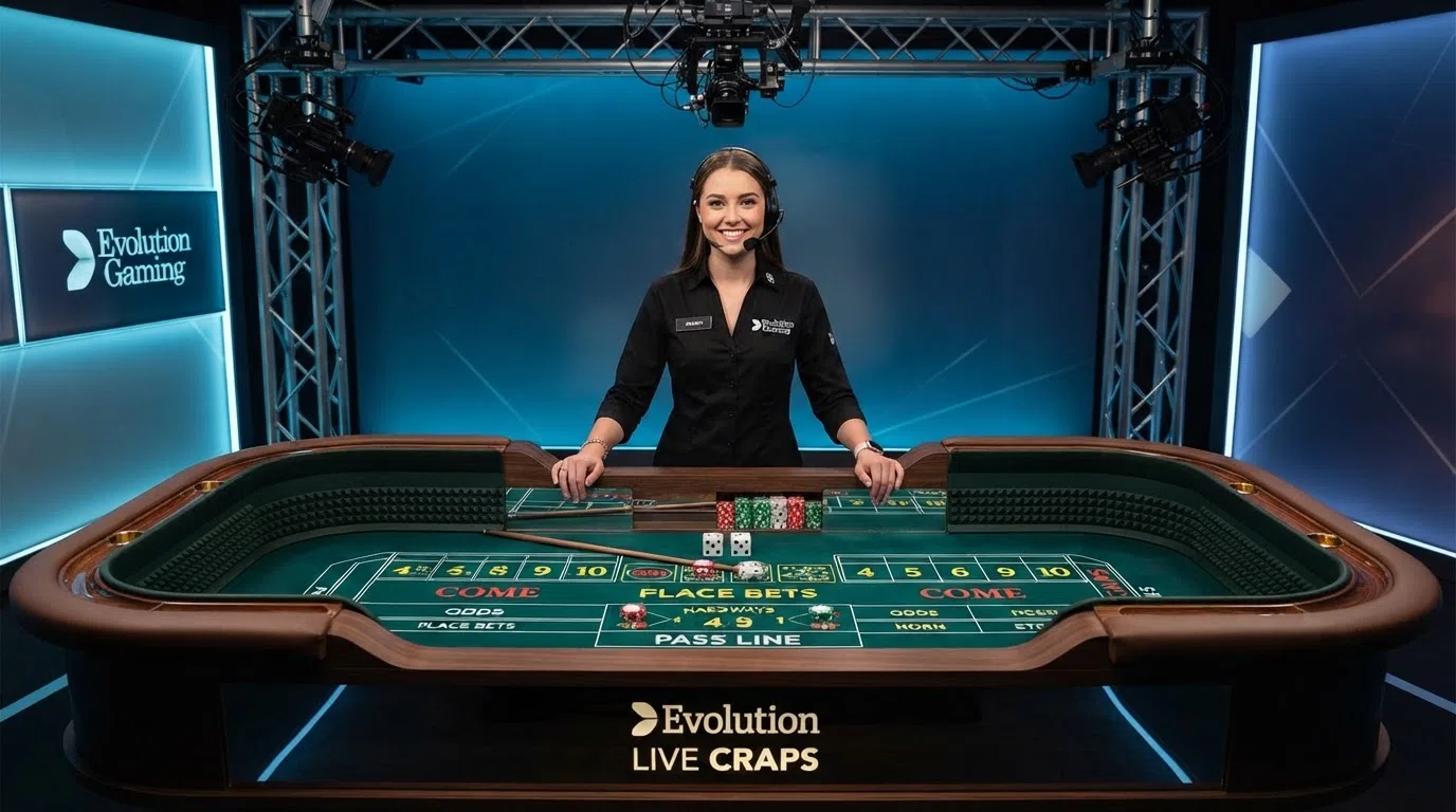 Evolution Gaming's dedicated live craps studio — a professional dealer stands behind a custom-built table with multi-camera rig visible and betting layout illuminated