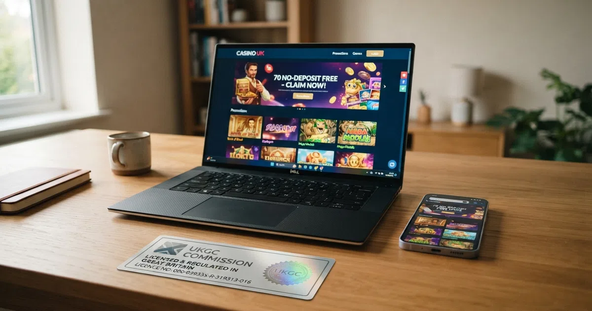 A UK Gambling Commission licence badge beside a casino lobby screen showing an exclusive no-deposit free-spins offer banner, displayed on both a desktop monitor and a mobile phone