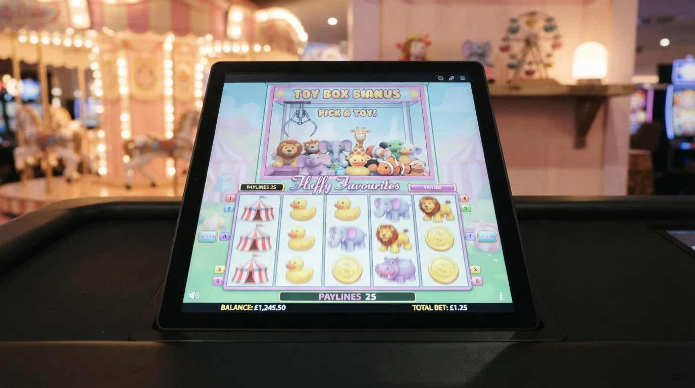 Fluffy Favourites slot game reels showing the iconic claw-machine bonus feature against a pastel fairground backdrop