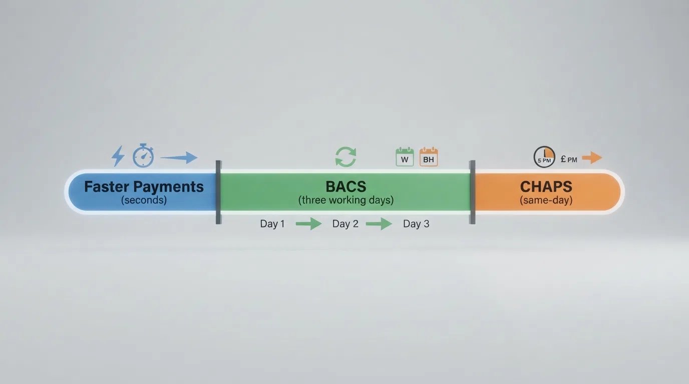 A horizontal timeline diagram showing Faster Payments (seconds), BACS (three working days) and CHAPS (same-day) processing speeds, with weekend and bank-holiday markers
