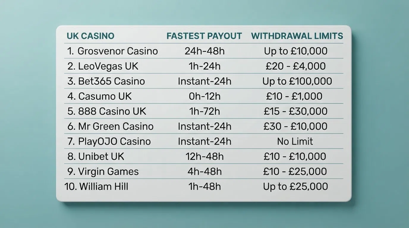 A comparison table of ten casino names with payout times and withdrawal limits listed beside each