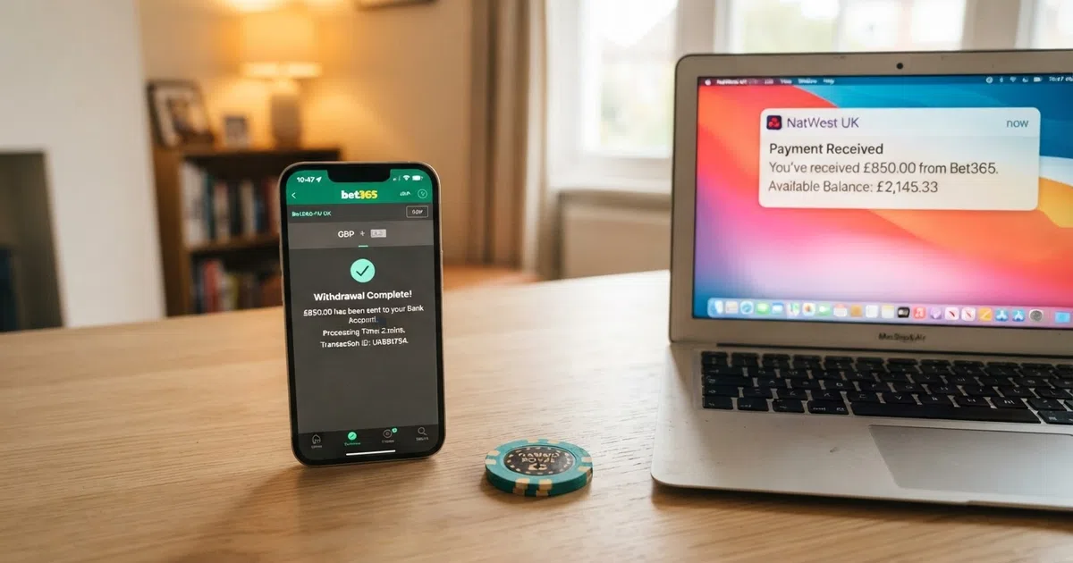 A split-screen comparison showing a smartphone displaying a casino withdrawal confirmation screen on one side and a UK bank app showing a received-payment notification on the other, with a stopwatch graphic between them