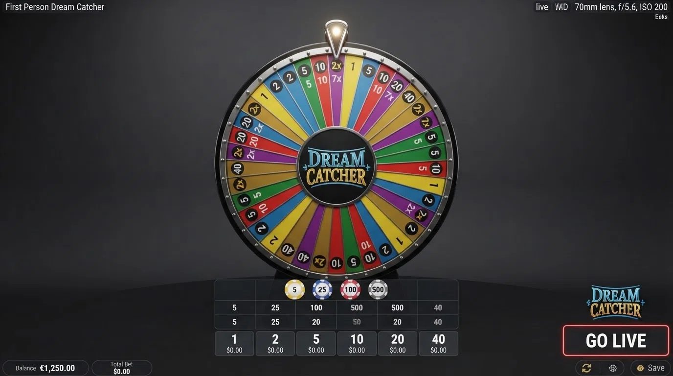 The First Person Dream Catcher on-screen interface showing the RNG-rendered wheel, betting grid and a prominent Go Live button in the corner