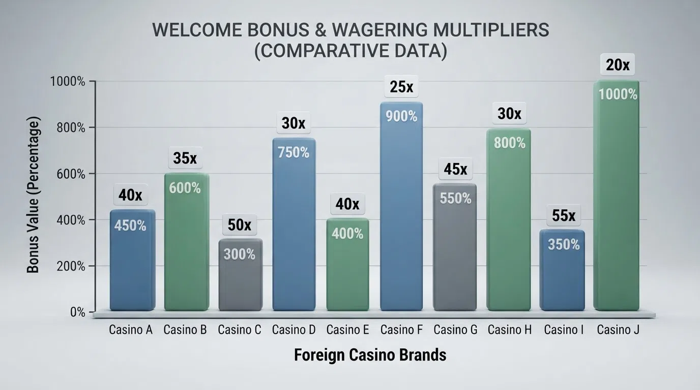 A visual comparison of welcome-bonus headline values and wagering multipliers across the ten featured casinos