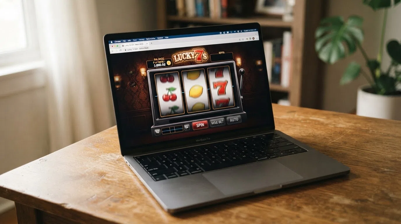 A browser window showing a 3-reel slot in demo mode with a play-money balance displayed instead of real cash