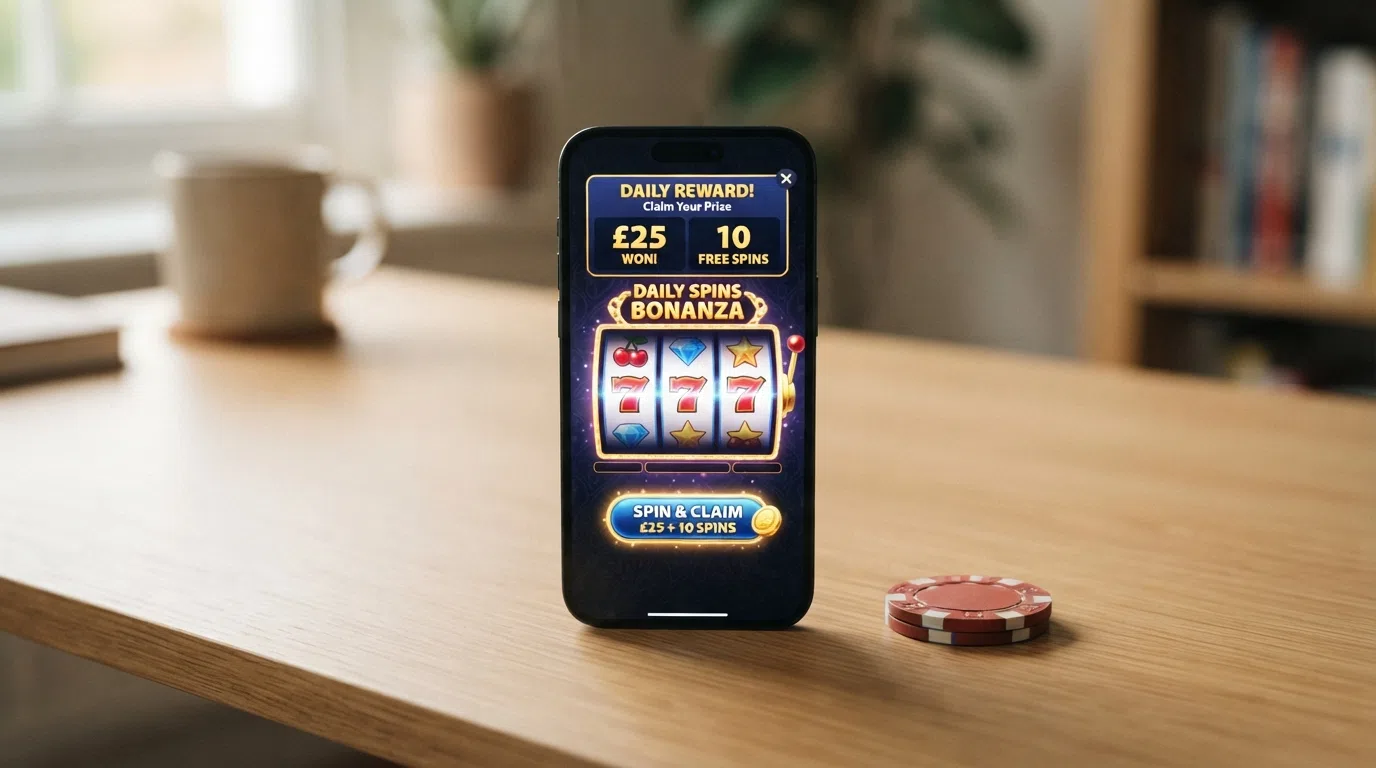 A smartphone screen displaying a free-to-play daily casino game with a spin button and a prize display showing a cash amount and free-spin count