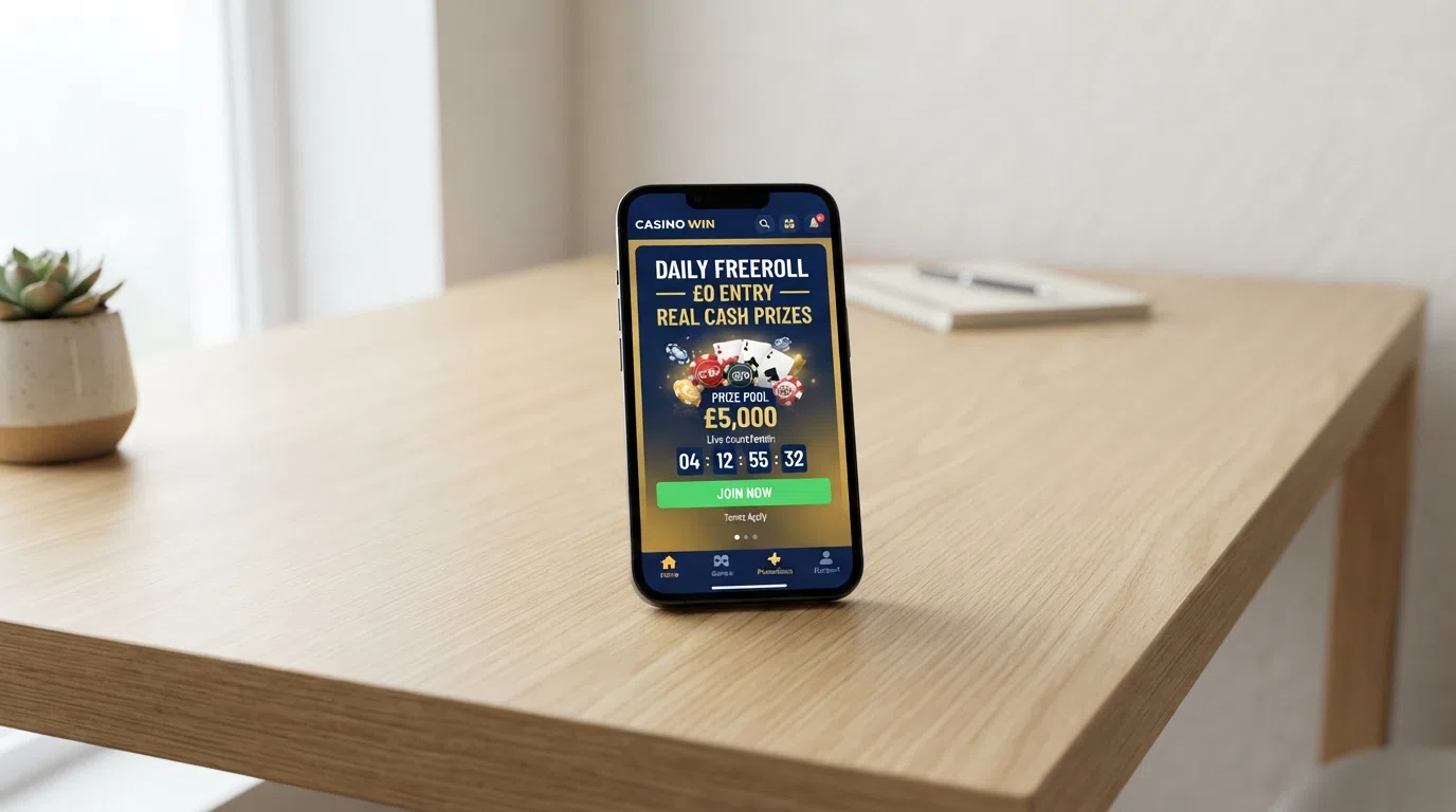 A smartphone screen showing a casino app promotions page with a highlighted banner reading “Daily Freeroll — £0 Entry — Real Cash Prizes” alongside a countdown timer and a “Join Now” button