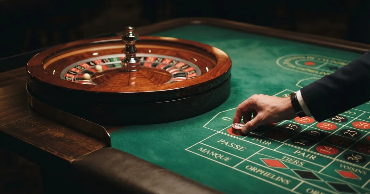 A French roulette wheel showing the single-zero pocket and the racetrack betting layout on green baize felt