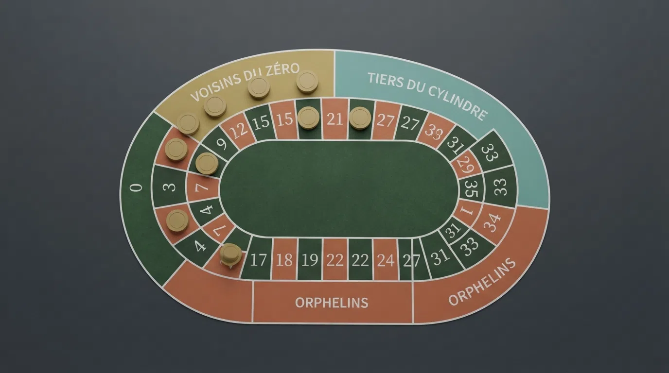 The French roulette racetrack betting layout highlighting the Voisins du Zéro Tiers du Cylindre and Orphelins sectors in different colours
