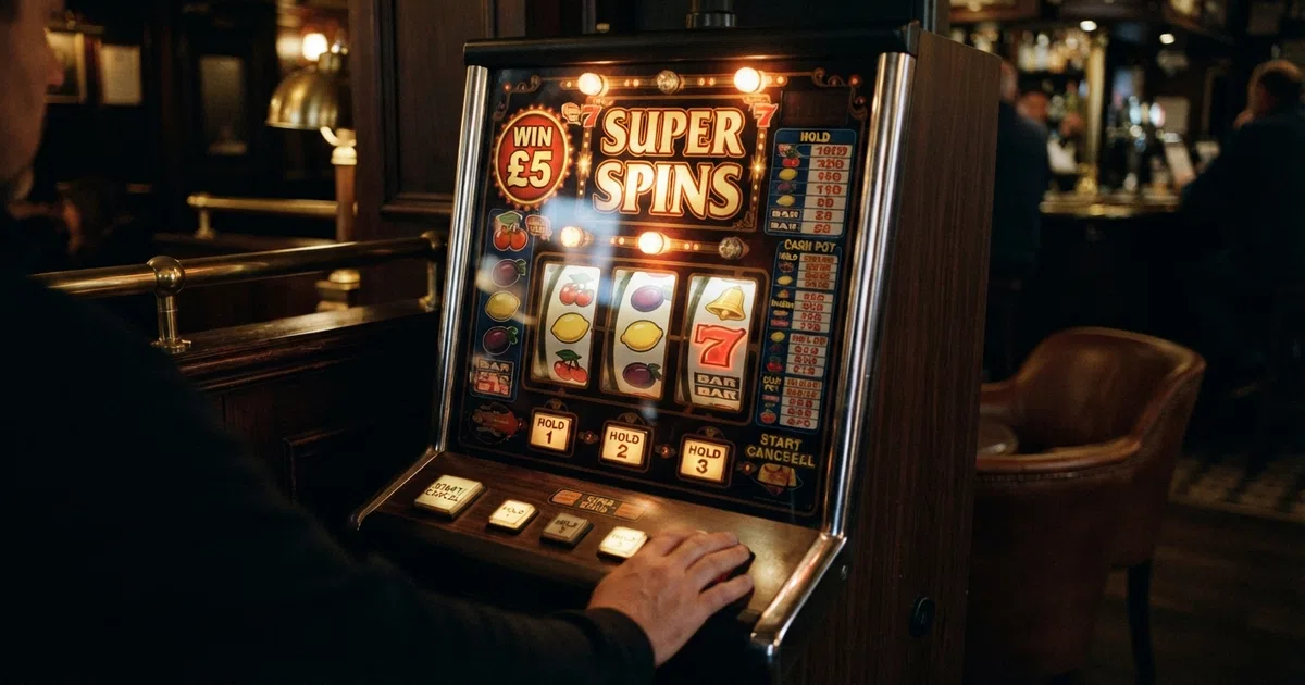A row of classic fruit machine symbols — cherries, lemons, BARs and sevens — lit up on digital reels against a dark casino backdrop