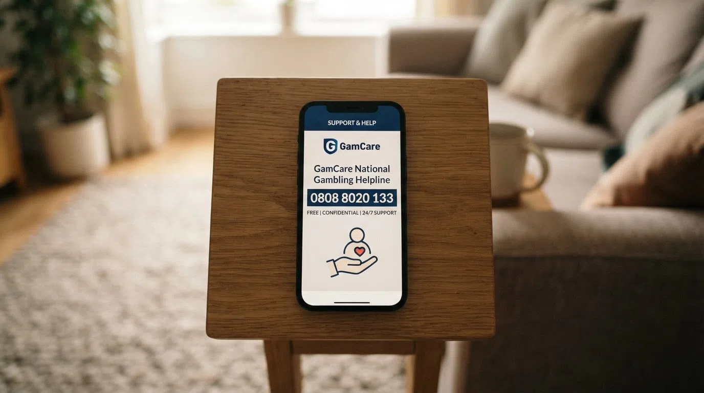 A mobile screen displaying the GamCare National Gambling Helpline number (0808 8020 133) and the BeGambleAware logo on a support landing page