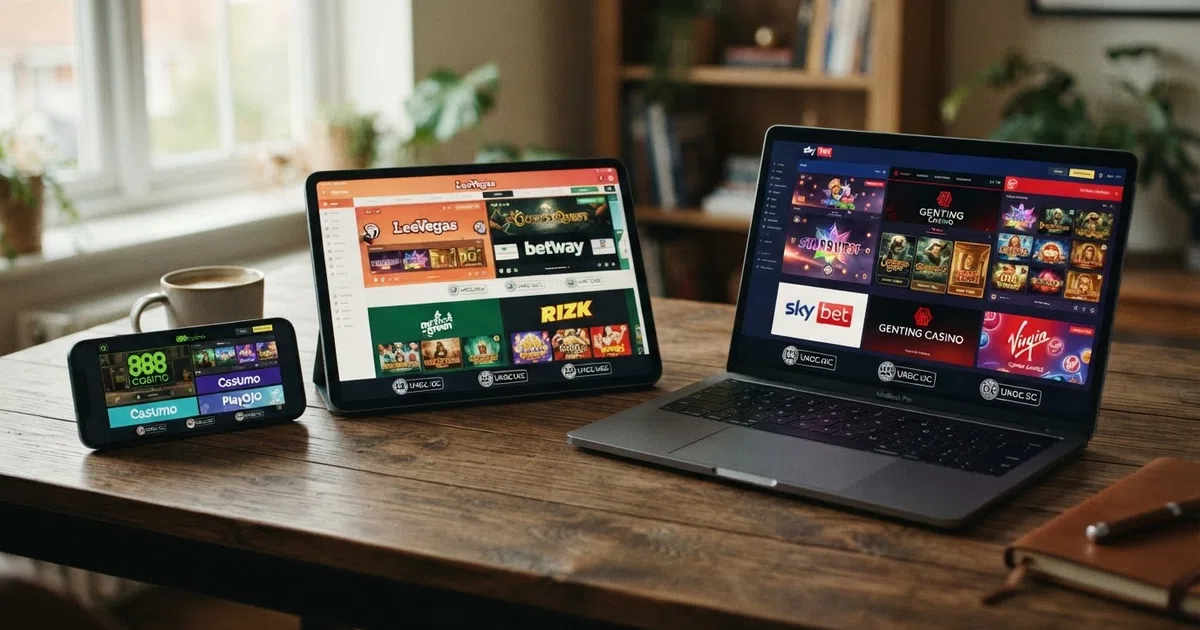 Ten UK-licensed online casino homepages displayed across a smartphone, tablet and laptop screen, each showing a slots lobby and a UKGC licence badge