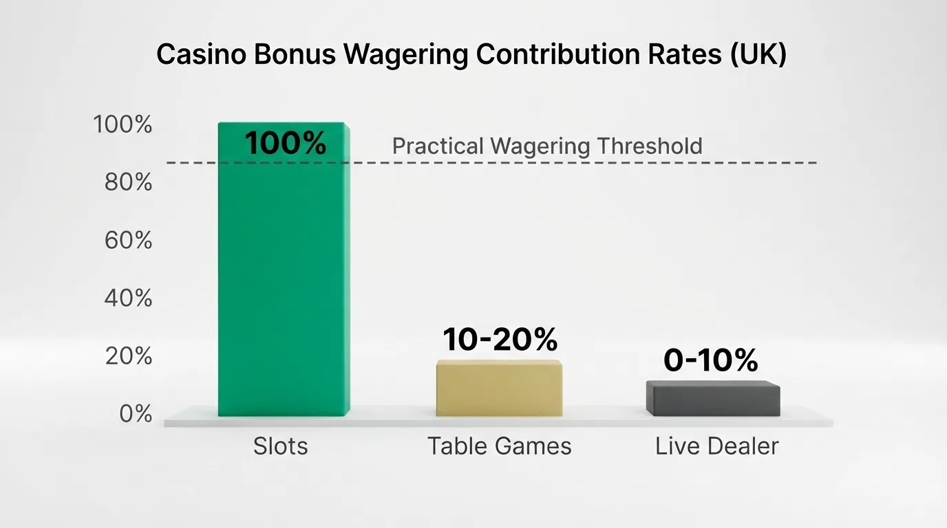 A bar chart showing three bars: slots at 100%, table games at 10–20%, live dealer at 0–10%, with a dashed horizontal line labelled "practical wagering threshold"