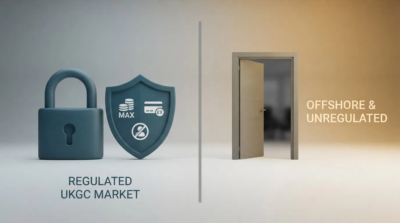 A visual comparison: a locked padlock labelled “UKGC” with icons for stake limits, credit card ban and GamStop inside a shield on one side, and an open door labelled “Non-GamStop Casino” with no shield on the other
