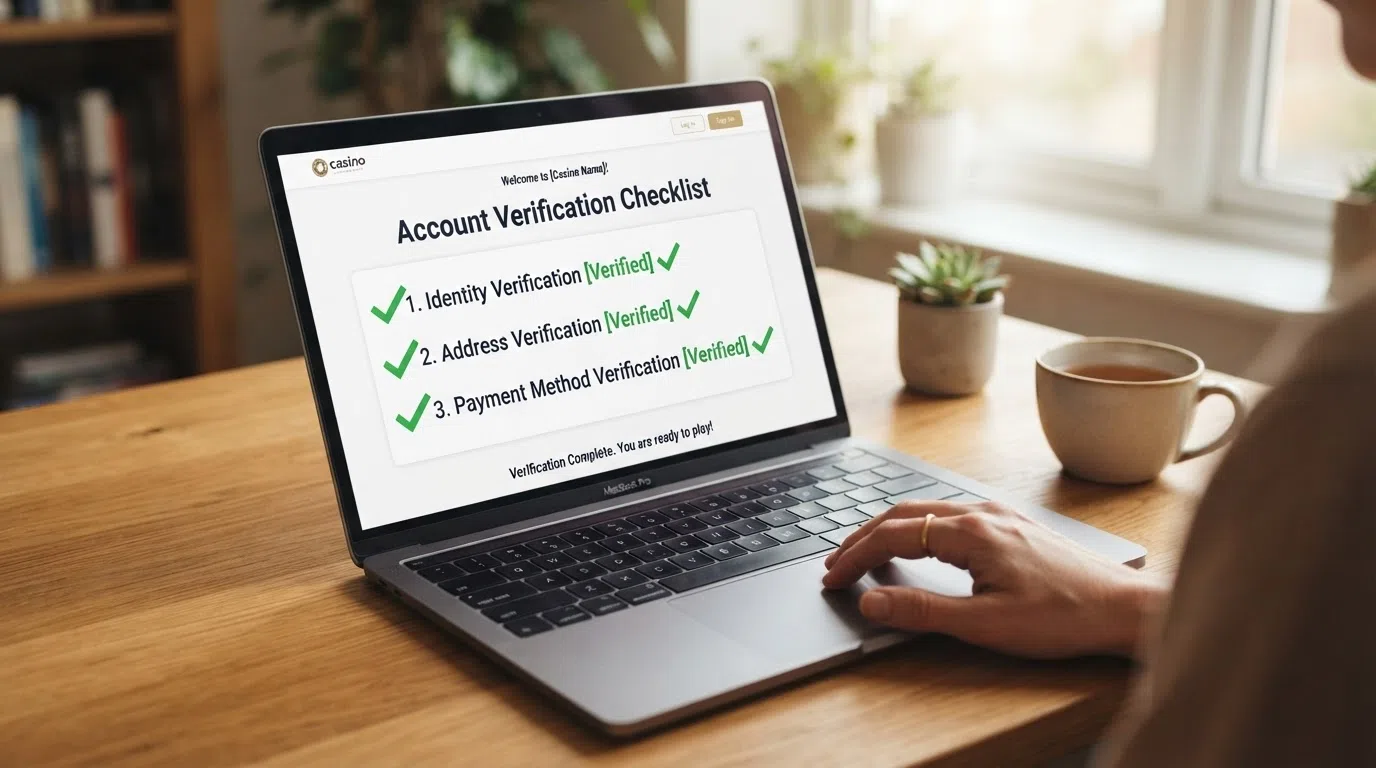 A verification checklist on a casino account screen showing identity, address and payment method steps