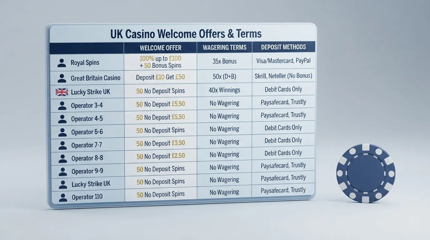 A side-by-side table comparing ten UK casino welcome offers and their wagering terms