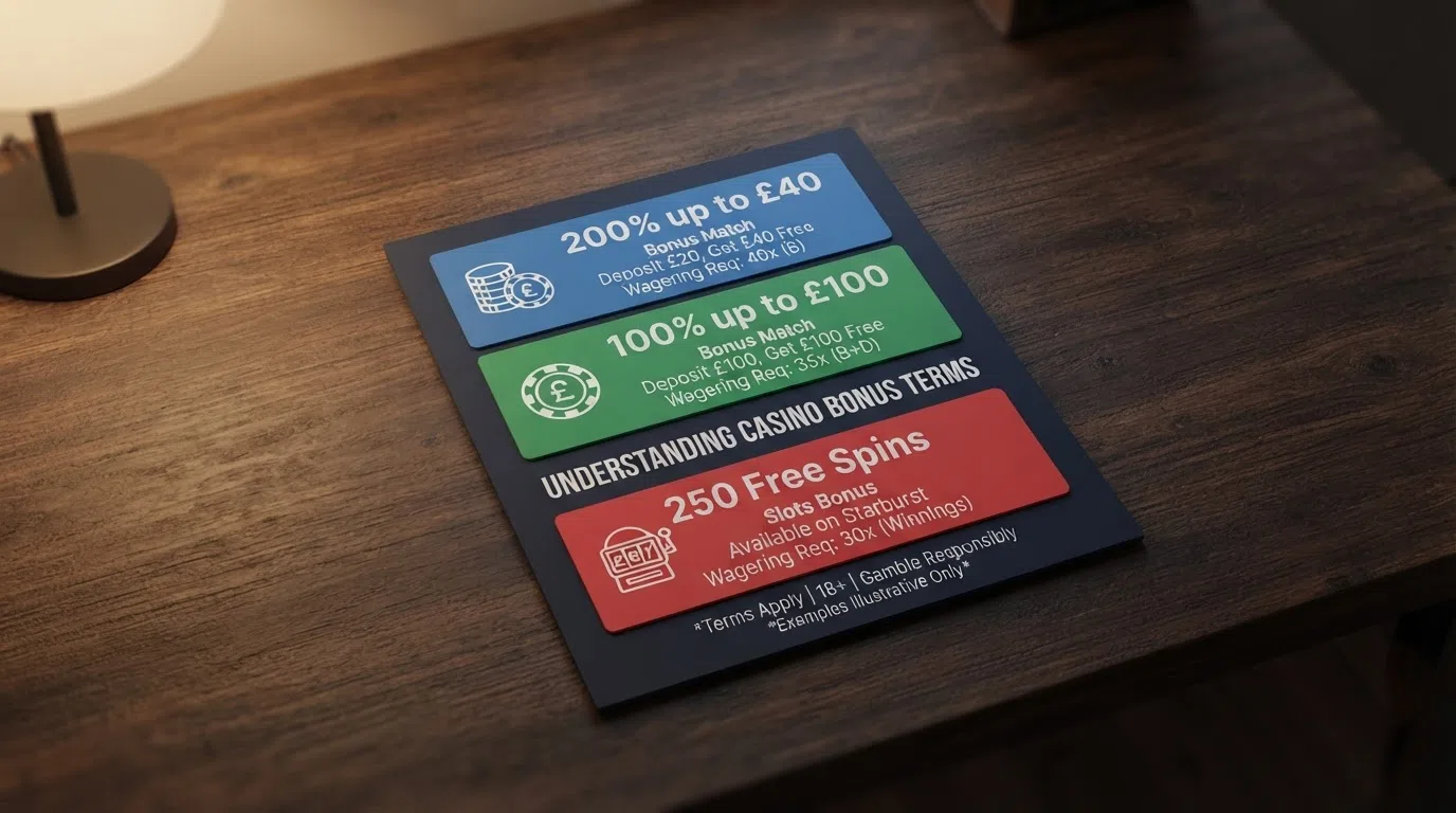 A comparison table of ten UK casino brands with their welcome bonuses and wagering terms side by side