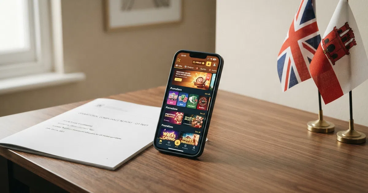 A smartphone showing an online casino lobby, set against a desk with a document and two small flags, one British and one Gibraltar.