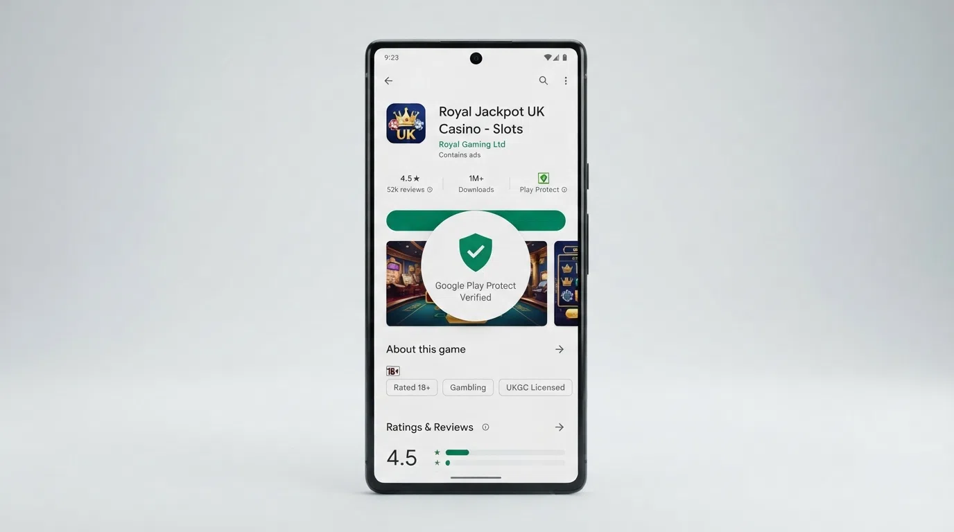 A close-up of a Google Play Store listing for a UK casino app, showing the star rating, review count, install button and the Play Protect verified badge