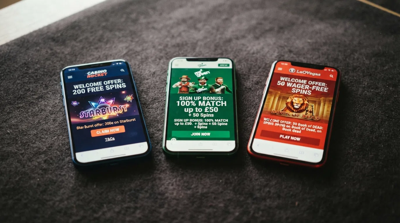 Three smartphone screens showing different Greentube casino welcome-offer landing pages side by side