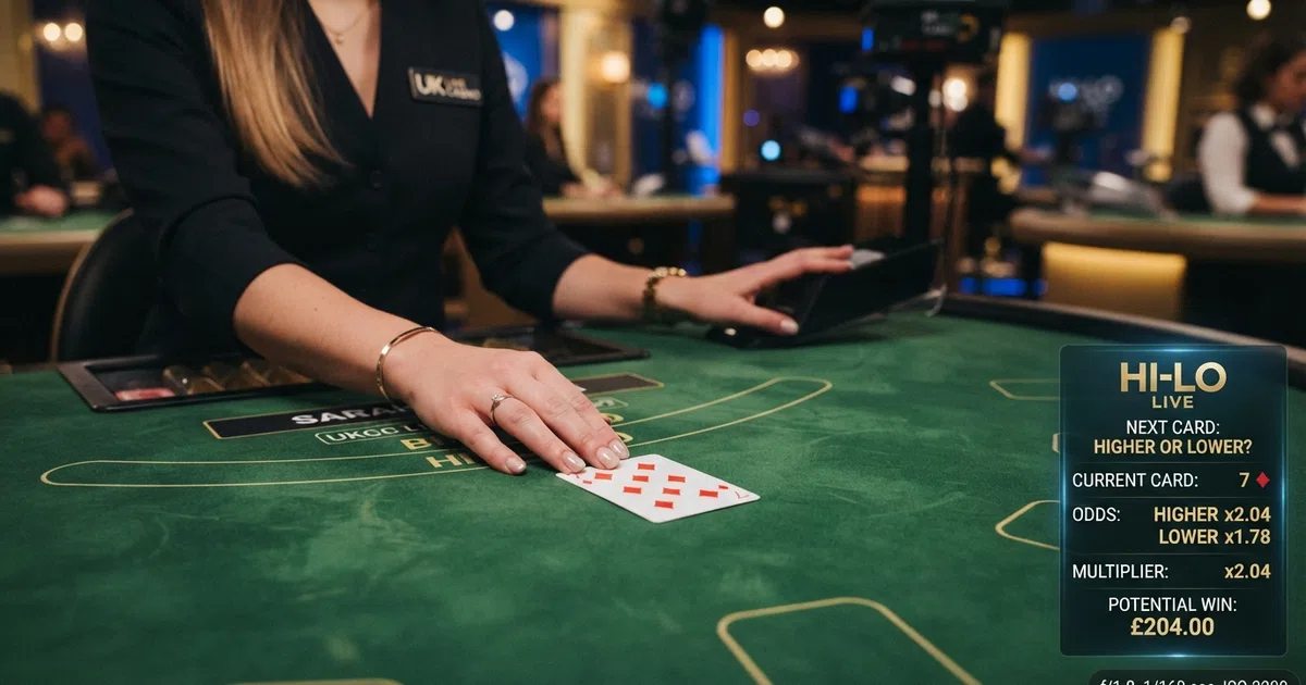 A casino dealer's hand resting beside a single face-up playing card on a green baize hi-lo table, with the higher-or-lower bet interface and a rising multiplier visible on a digital display at the edge of the frame