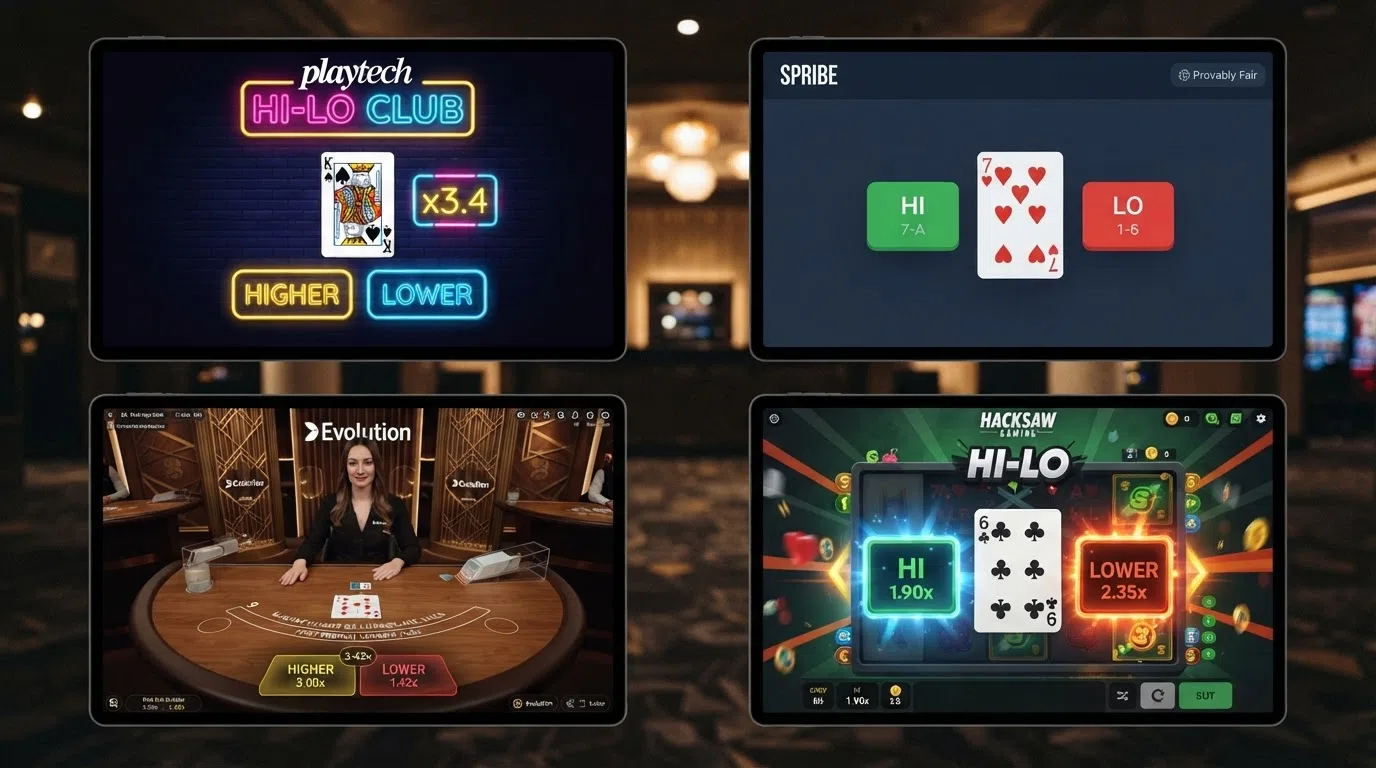 A split-screen composite of four hi-lo game interfaces — Playtech Hi-Lo Club with its Miami neon, Spribe HiLo with its minimalist provably-fair dashboard, Evolution First Person HiLo with its 3D table view, and Hacksaw Hi-Lo with its quick-play slot styling