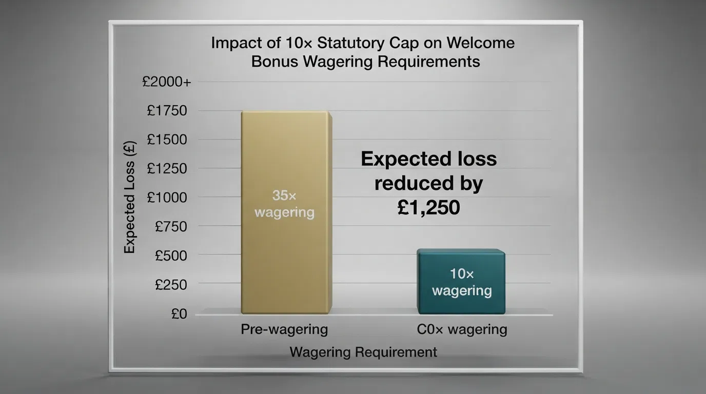 A side-by-side visual comparing a pre-reform welcome bonus with 35× wagering against a 2026 bonus with the 10× statutory cap, showing the expected-loss difference in pounds