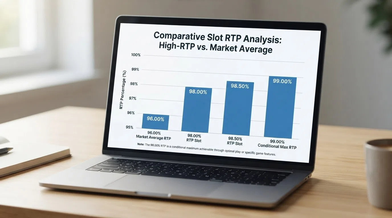 Bar chart comparing RTP percentages of the four 98%+ low-volatility slots — Blood Suckers, 1429 Uncharted Seas, Ancient Egypt Classic and Mega Joker — against the typical 96% market-average RTP
