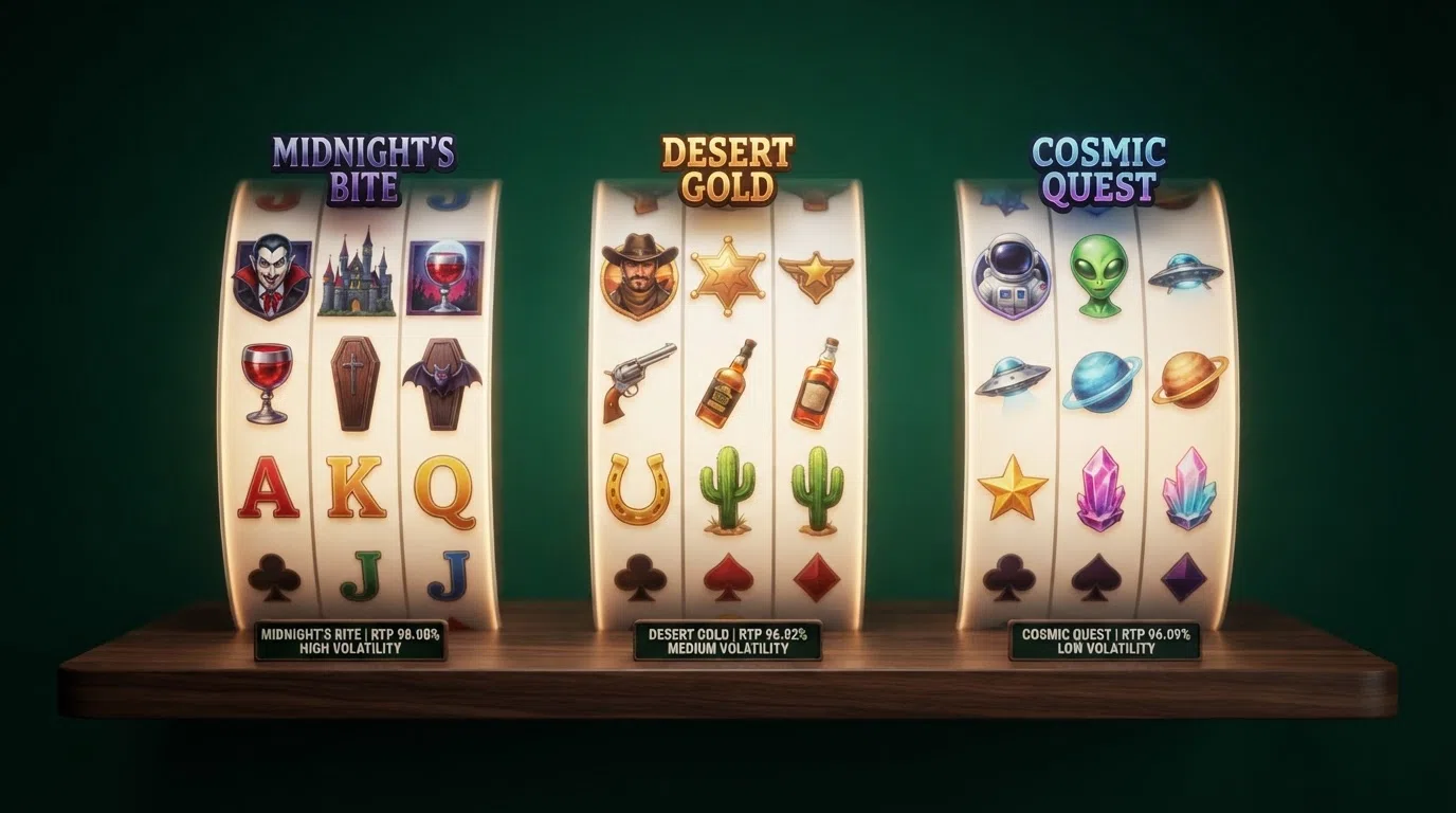Three slot-title cards for Blood Suckers, Dead or Alive 2 and Starburst showing their RTP percentages and volatility ratings side by side