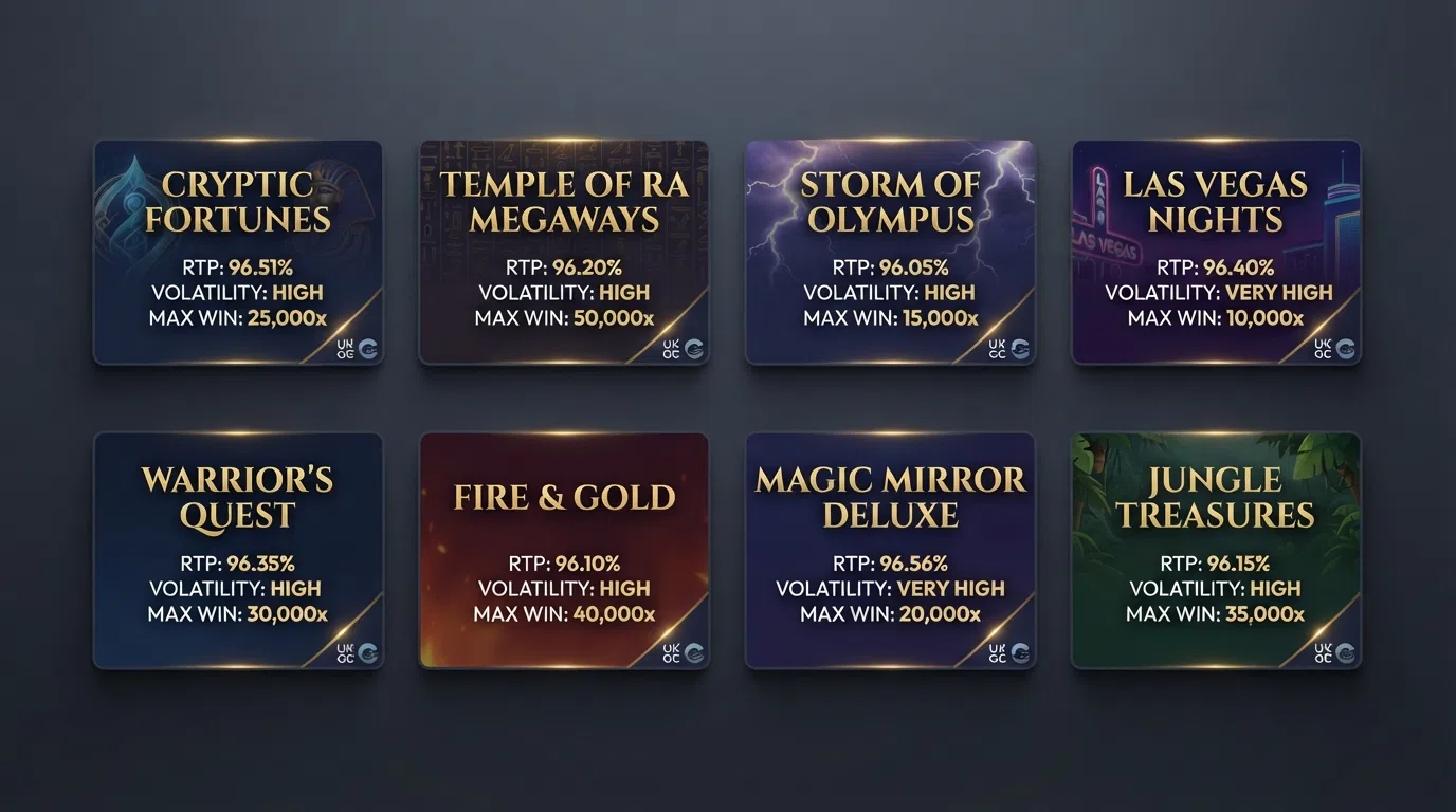 A clean visual comparison grid showing eight slot-title cards, each with its RTP percentage, volatility label and max-win multiplier displayed beneath the game logo