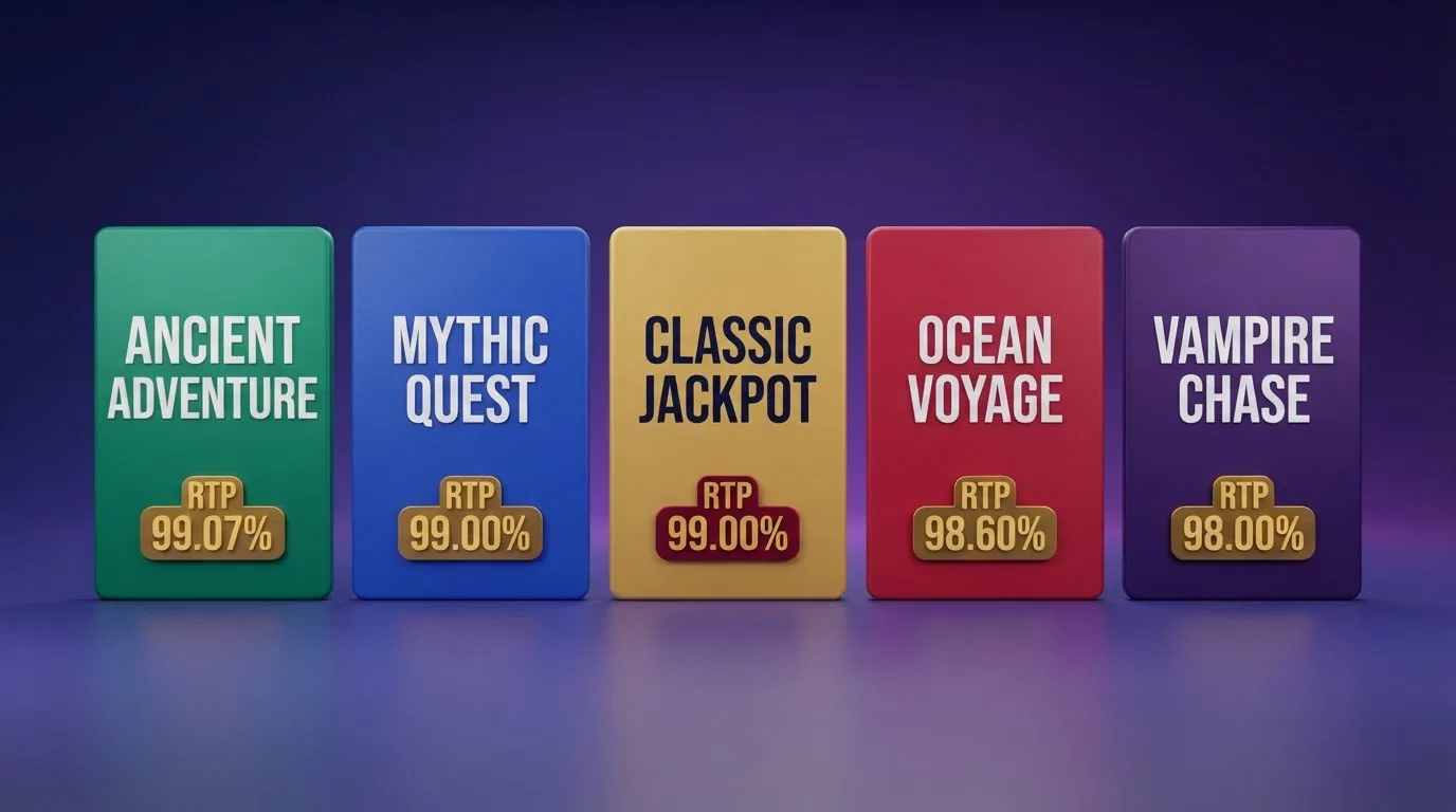 A side-by-side visual of five slot-title cards — Ugga Bugga, Book of 99, Mega Joker, 1429 Uncharted Seas and Blood Suckers — each showing its RTP percentage as a prominent badge