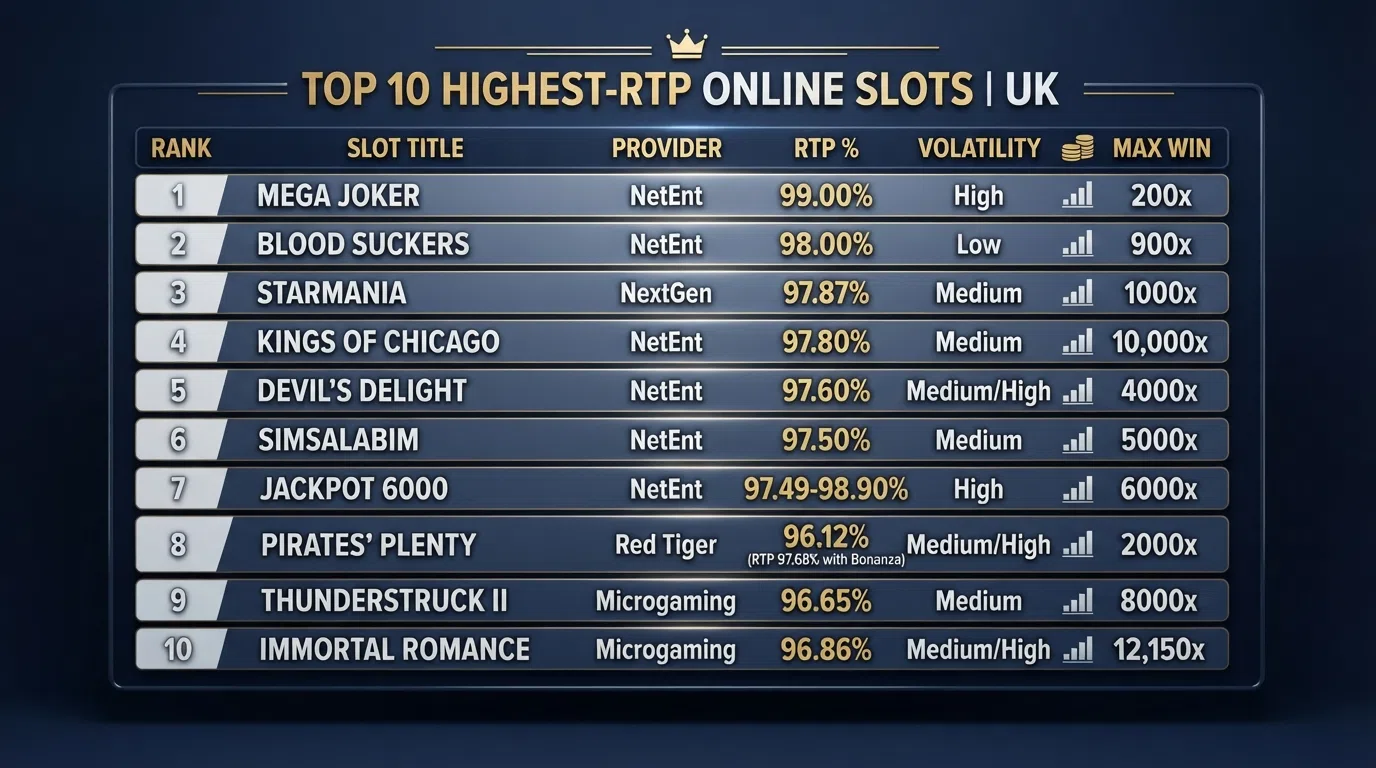 A ranked list of ten slot titles with RTP percentages beside each name