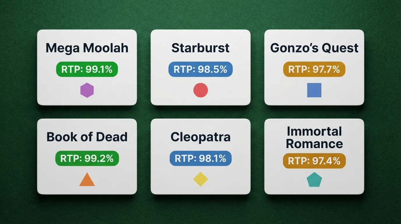 A grid of six UK-accessible online slot title cards arranged by RTP percentage, each showing the game's name, its RTP figure in a coloured badge (green for ≥99%, blue for 98–98.9%, amber for 97–97.9%) and the provider logo beneath, on a dark casino-felt background