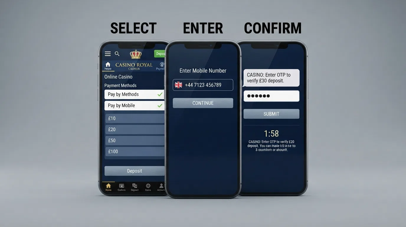 A step-by-step illustration of a pay-by-mobile casino deposit from selecting the method to entering a phone number to confirming by SMS