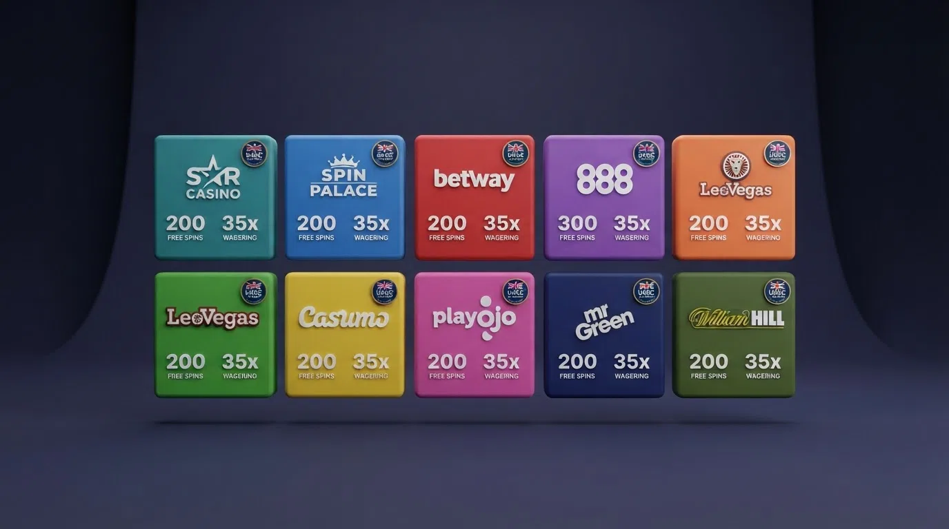 Ten casino brand logos arranged in a clean grid, each accompanied by a small UKGC badge icon and two or three key figures — free-spin count and wagering multiplier — drawn from the comparison table on this page