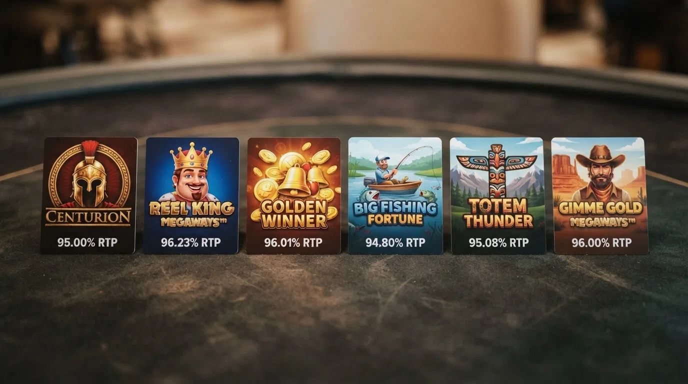 A side-by-side display of Inspired Gaming slot title cards — Centurion, Reel King Megaways, Golden Winner, Big Fishing Fortune, Totem Thunder and Gimme Gold Megaways — each showing its RTP percentage beneath the title art