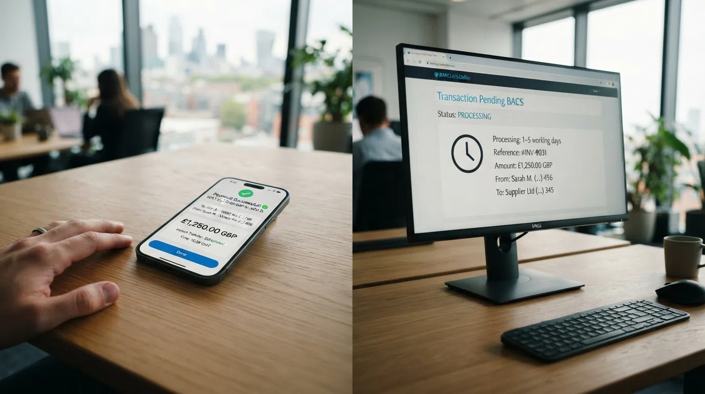 A split-screen comparison showing a smartphone with an instant pay-by-bank confirmation screen on one side and a desktop with a pending BACS transfer on the other, a clock icon visible on each
