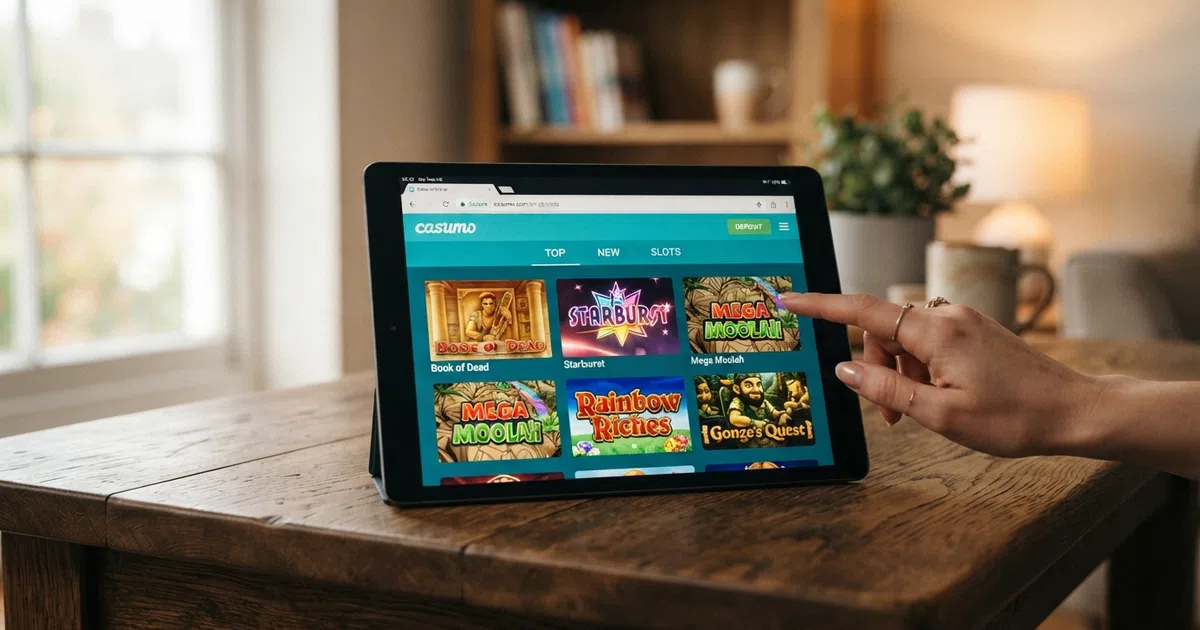 An iPad displaying a UK online casino game lobby with slot thumbnails and a Safari address bar visible at the top