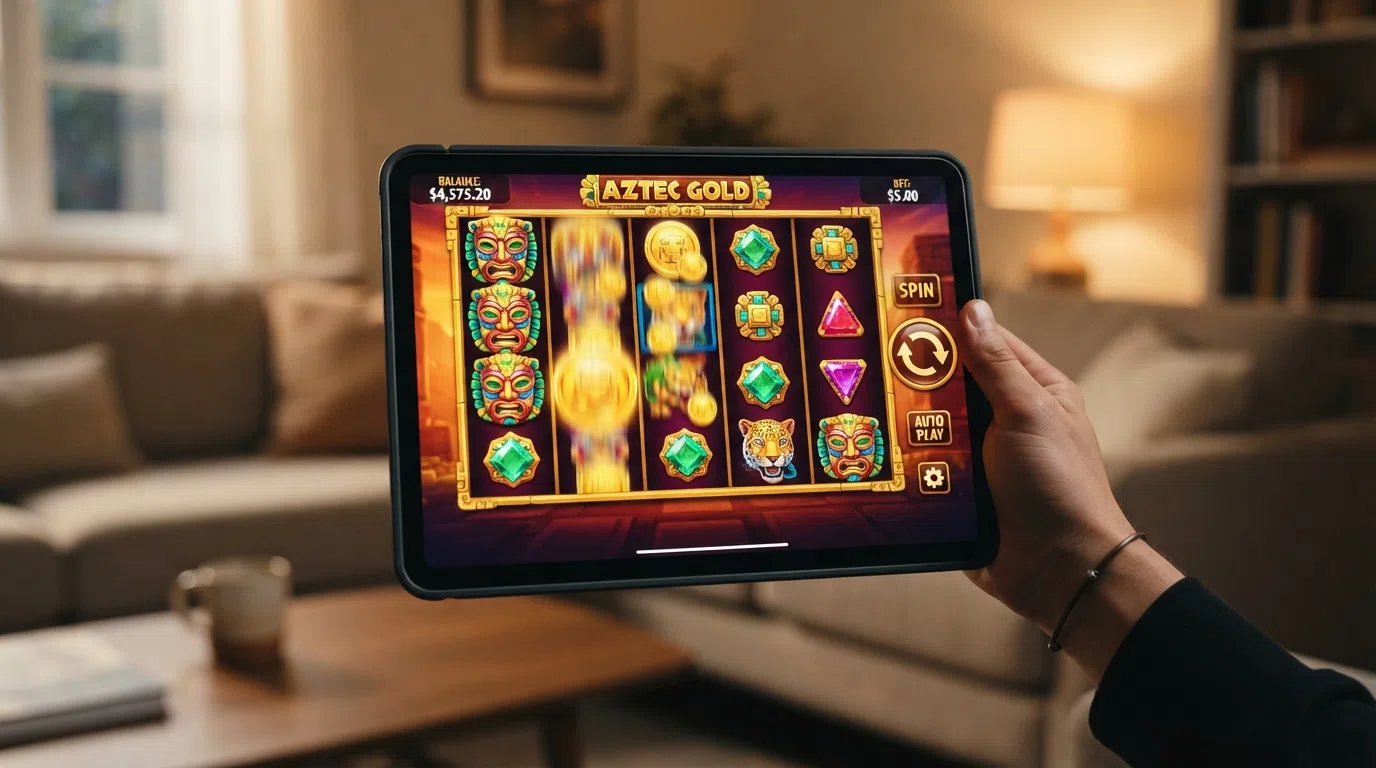 A horizontally held iPad showing a full-screen slot game with the spin button and balance display visible on the retina screen