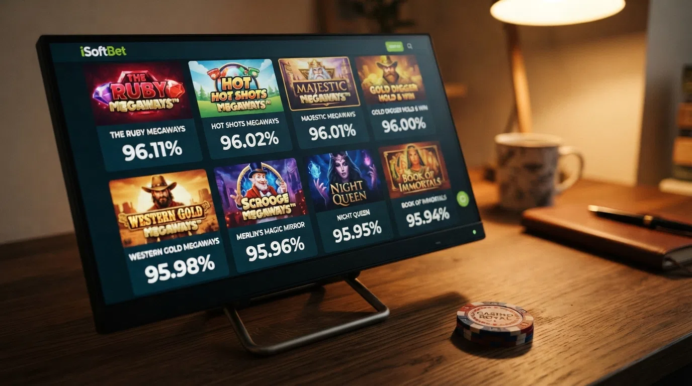 A grid of iSoftBet slot title cards laid out from highest to lowest RTP with the percentage displayed beneath each